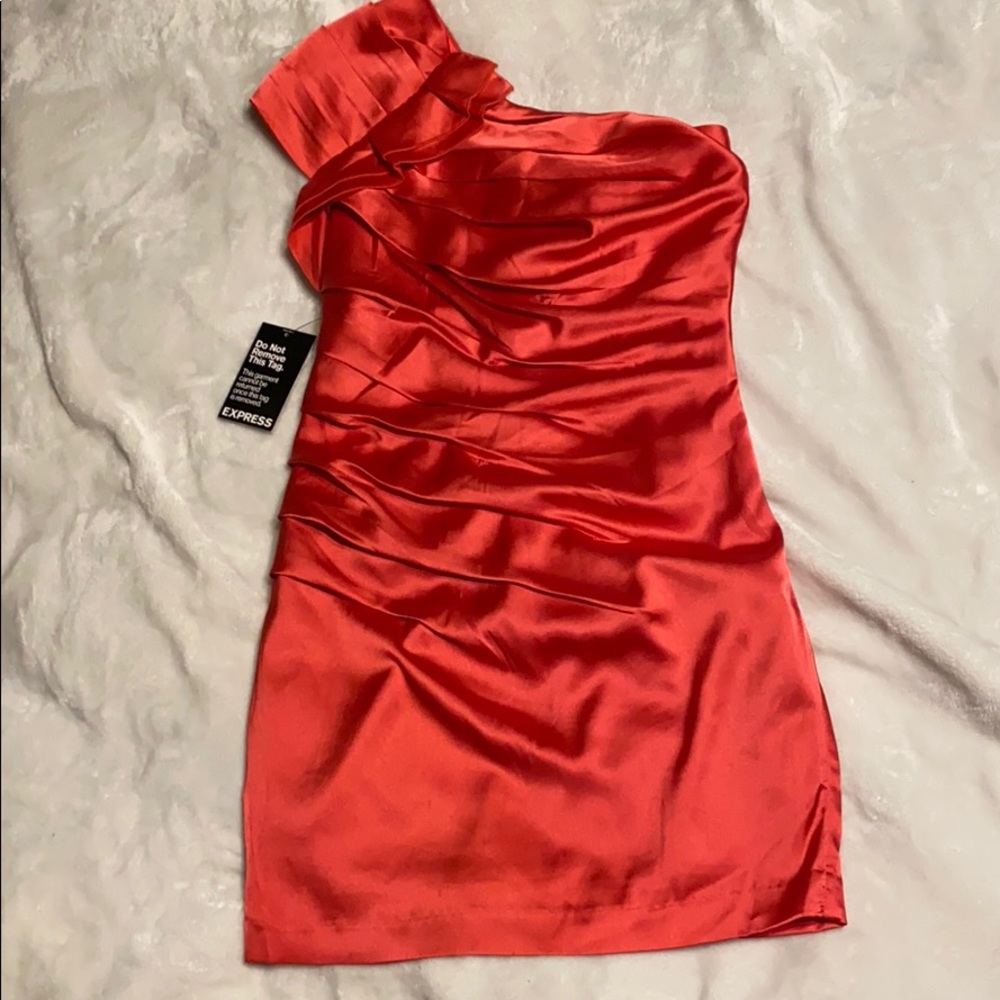 Express one shoulder coral satin pleated dress